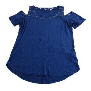 Cyrus Cold Shoulder Grommet Trim Knit Top Blue Women Size L Casual Work